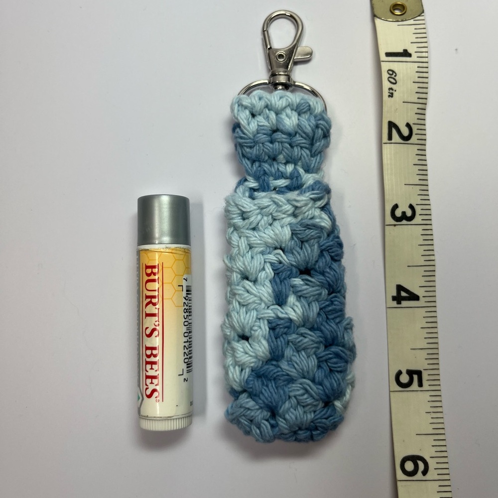 Handmade Crochet Lip Gloss Holder Keychain Approx 5-1/2” long Blue Multi